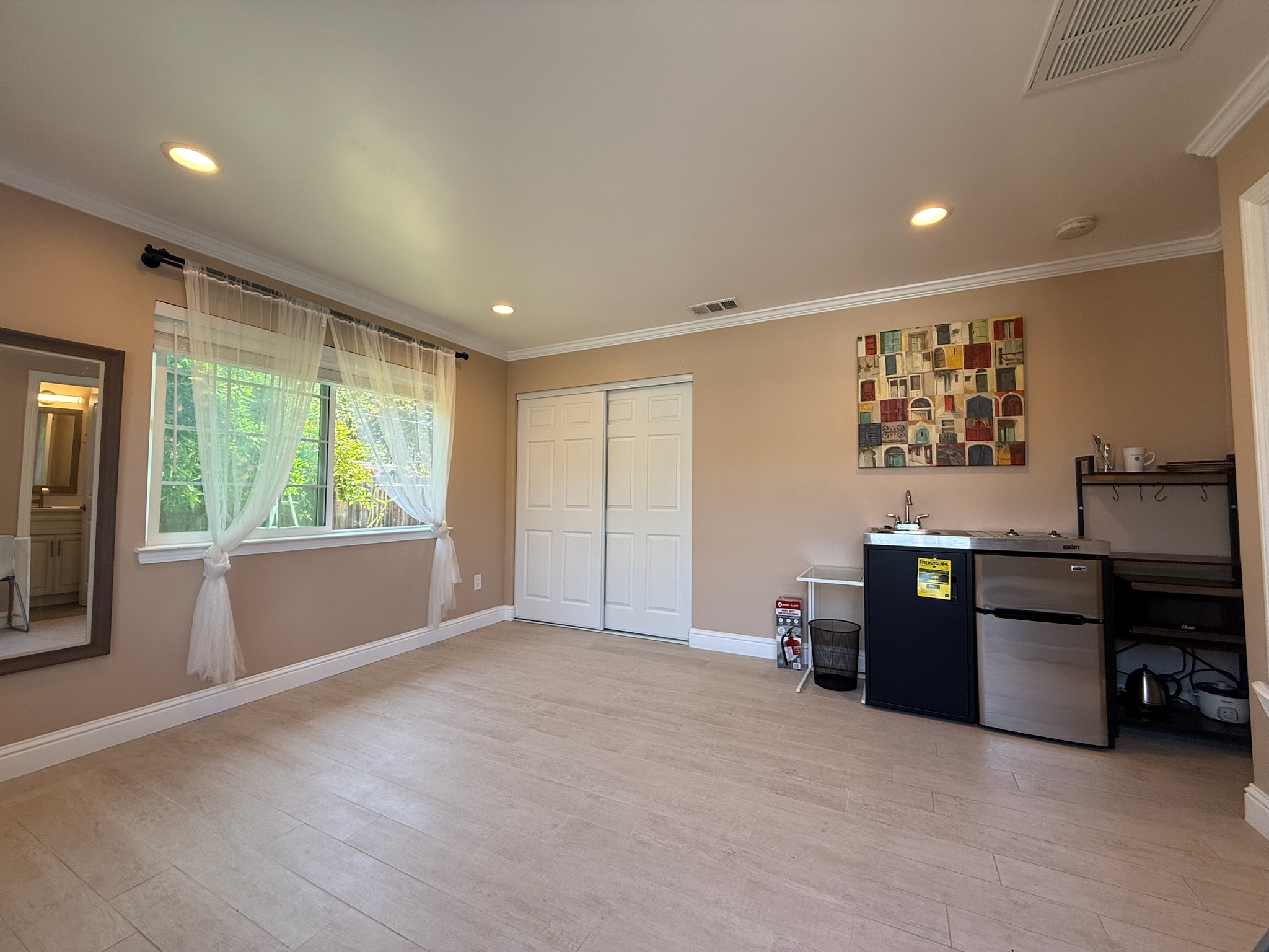 Studio main room with kitchenette and closet